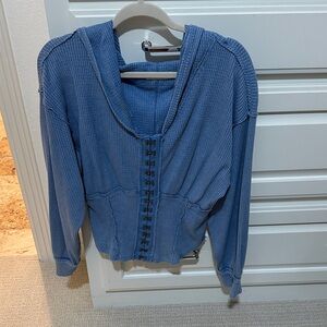 Blue Waffle Knit Hoodie with Hook Closures